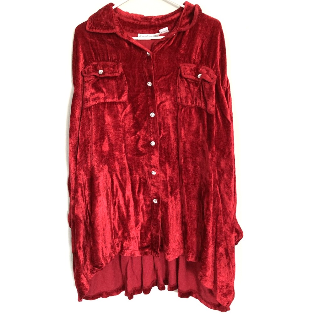 Denim 24/7 Shirt Women 24W Ruby Red Velvet Button Tunic Top Plus Long Sleeve